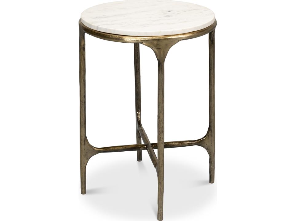Gimlet Round End Table Iron and Marble Top White and Brass