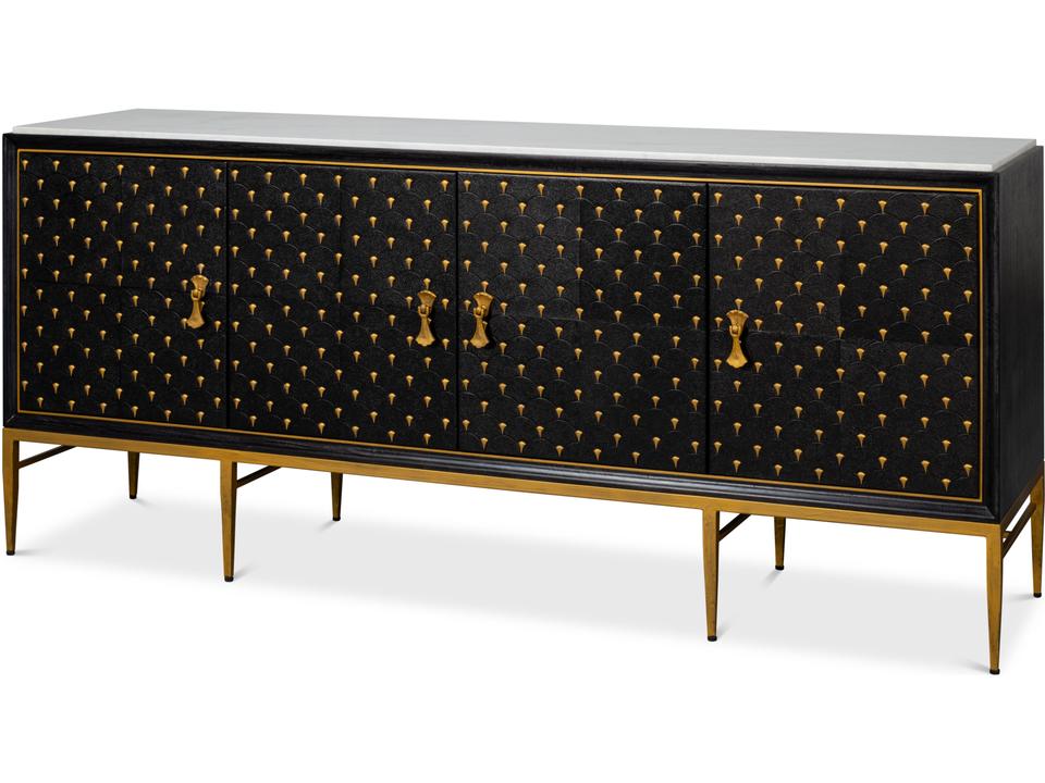 Palisade Shagreen Credenza with Italian Statuario Marble and Black Finish
