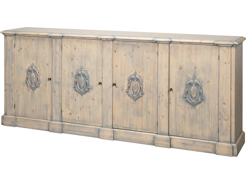 Crested Pine Wood Display Cabinet with Aged Brass Accents