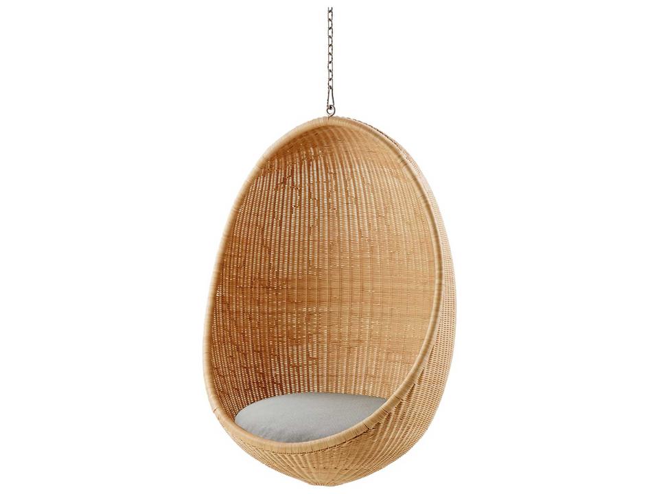 Design Icons Nanna Ditzel Hanging Egg Chair in Natural Rattan with Sailcloth Seagull Cushion