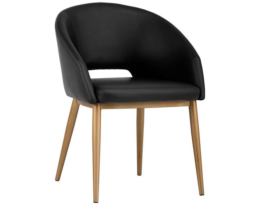 Thatcher Upholstered Dining Armchair in Onyx Faux Leather with Champagne Gold Legs