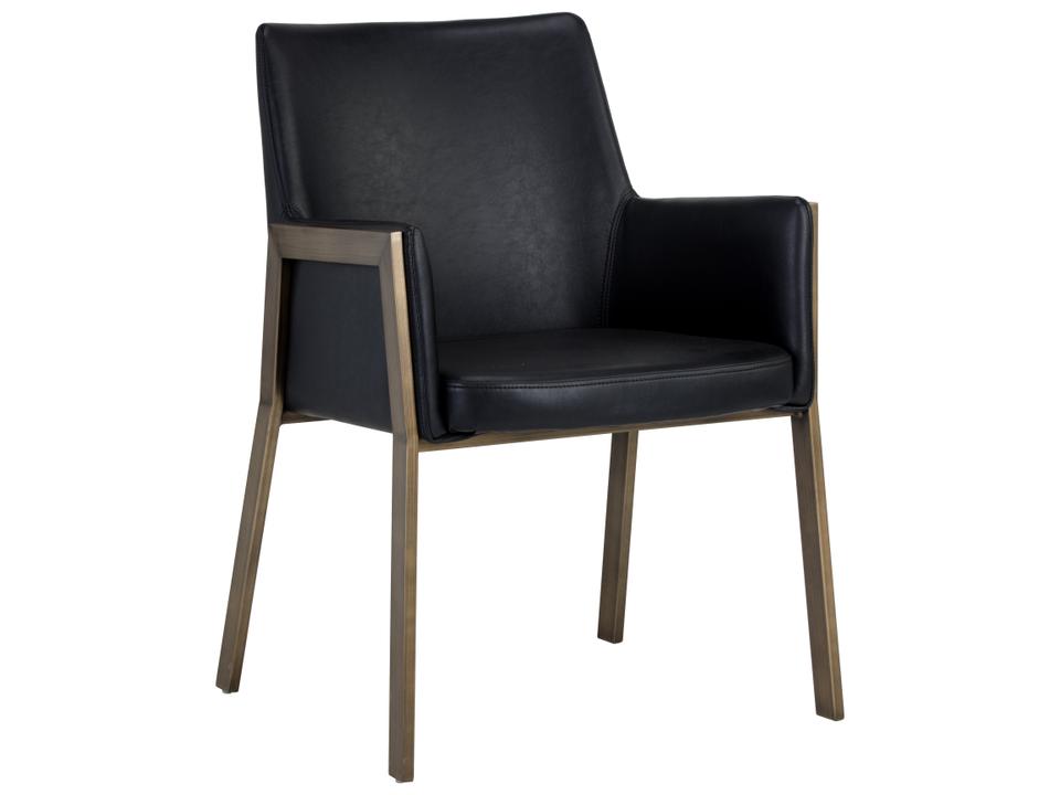 Bernadette Upholstered Dining Arm Chair in Black Leatherette and Brass