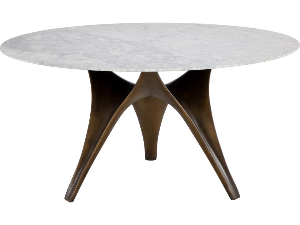 Bijon 59 Inch Round Dining Table Matte White Carrara Marble Antique Bronze Base