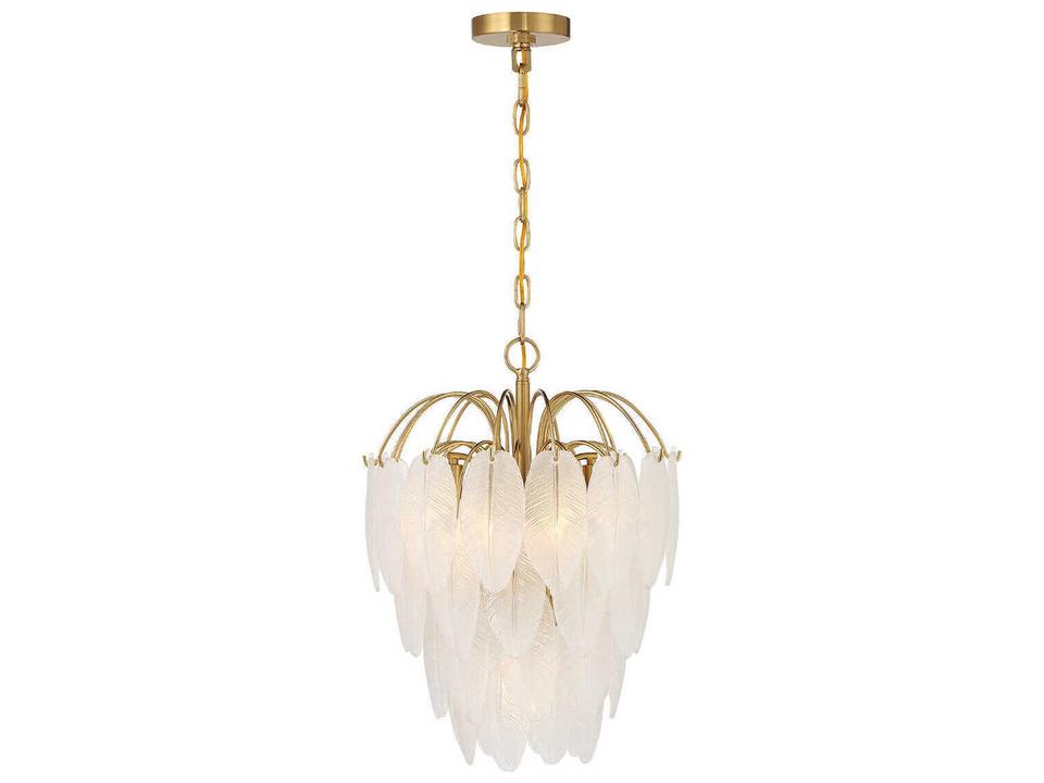 5-Light Boa Chandelier in Warm Brass with Frosted Glass Feathers