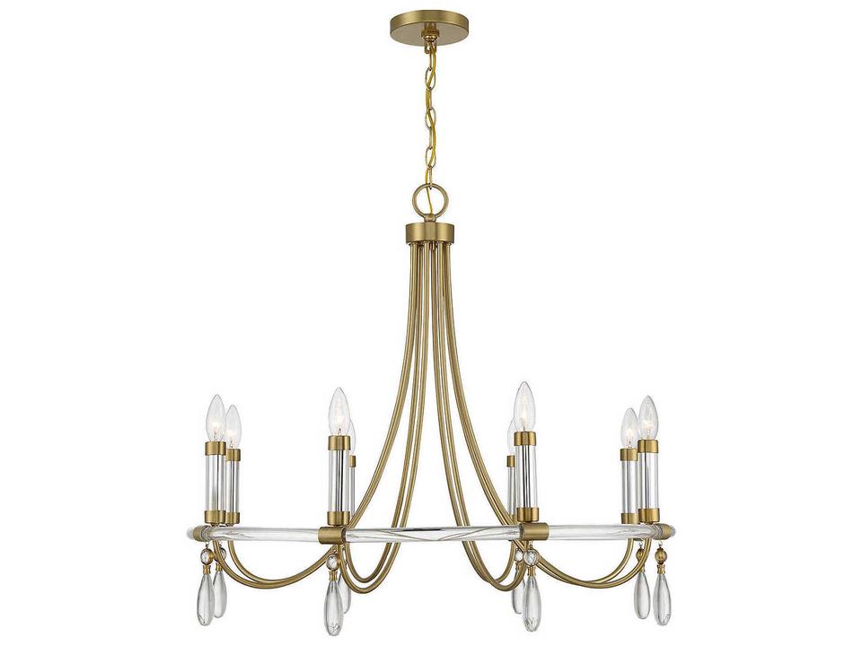 8-Light Mayfair Chandelier in Warm Brass and Chrome with Crystal Drops