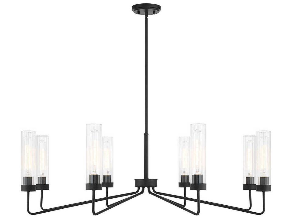 8-Light Baker Chandelier in Matte Black with Clear Ribbed Glass