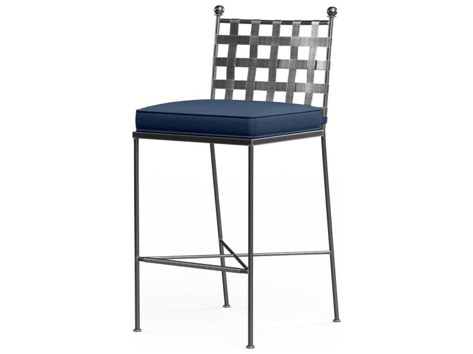 Provence Wrought Iron Cushion Bar Stool in Century Pewter with Sunbrella Canvas Flax