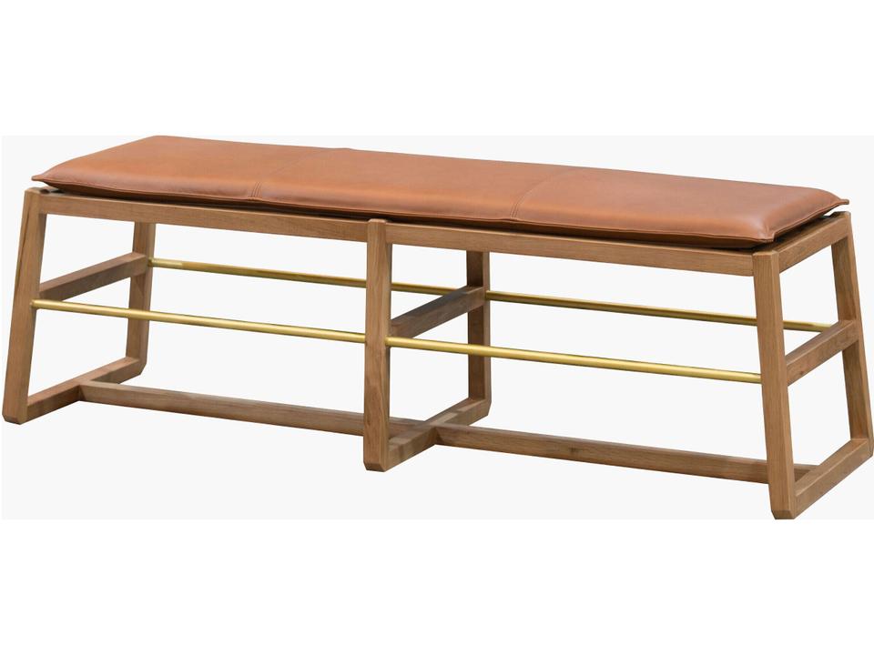 Richie Leather and Oak Bench with Brass Accents