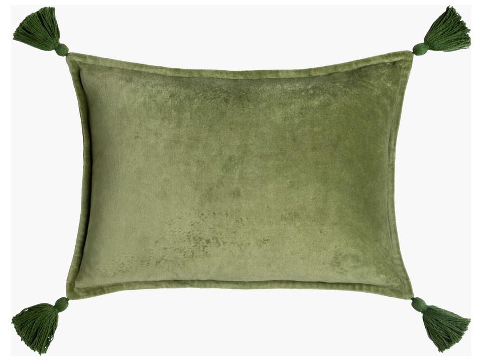 Cotton Velvet Lumbar Pillow with Tassels in Grass Green