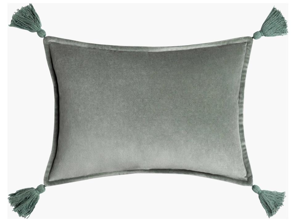 Cotton Velvet Lumbar Pillow in Sage with Tassels