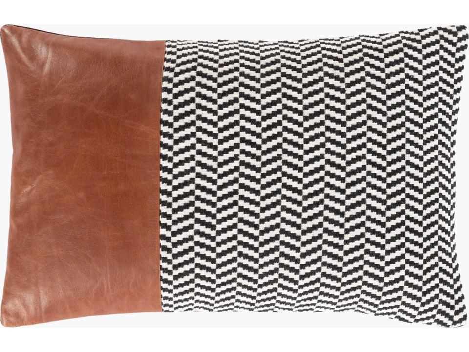 Fiona 13x20 Inch Cotton Leather Lumbar Pillow in Beige Black and Brown