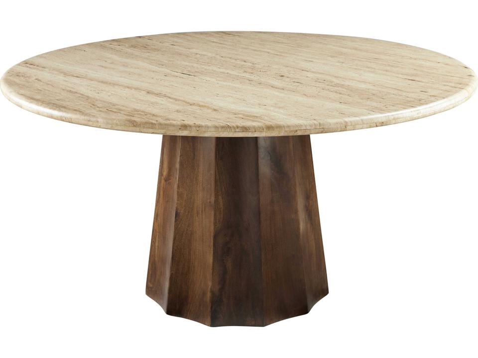 Linus Round Dining Table in Wheat Travertine and Dark Brown Mango Wood