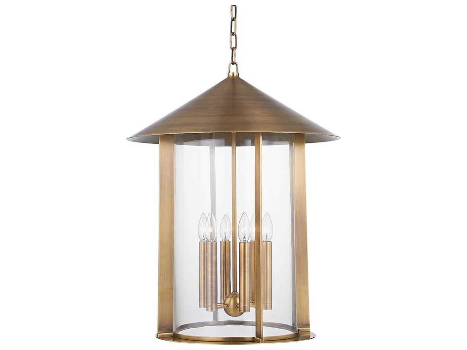Long Beach 6-Light Lantern Pendant Light in Patina Brass with Clear Glass