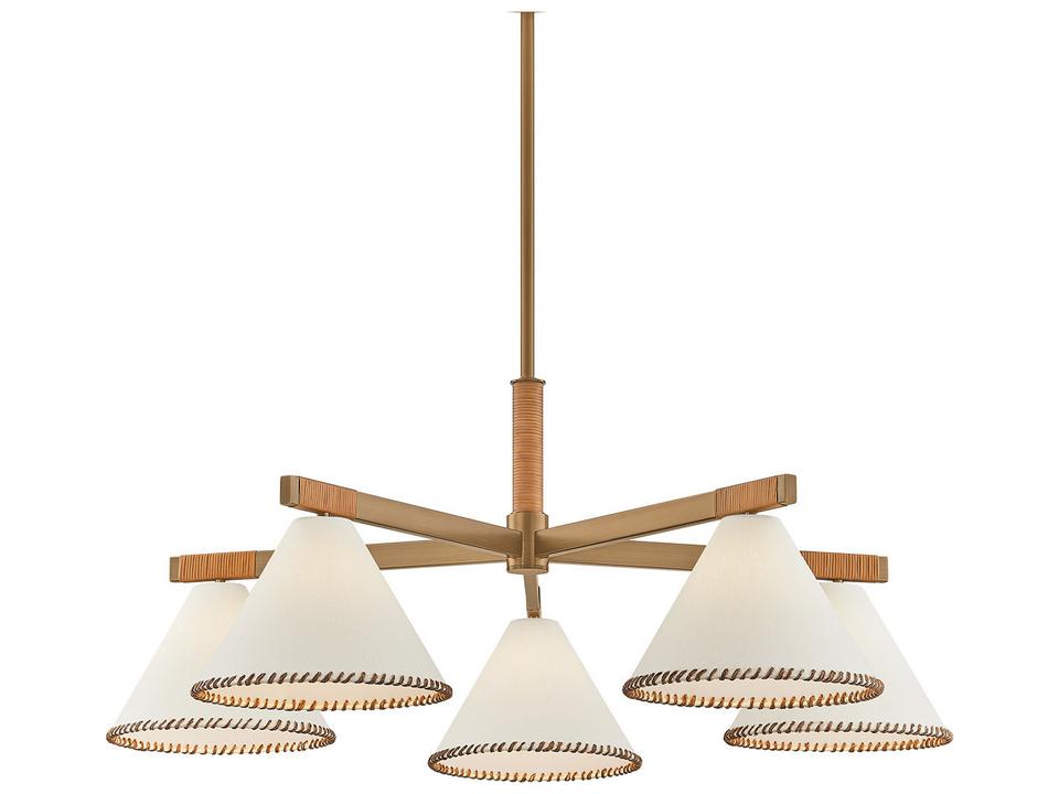 Stoney 5-Light Chandelier in Patina Brass with Natural Jute and White Linen Shades