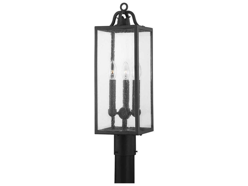 Caiden 3-Light Outdoor Post Light in Forged Iron and Seeded Glass