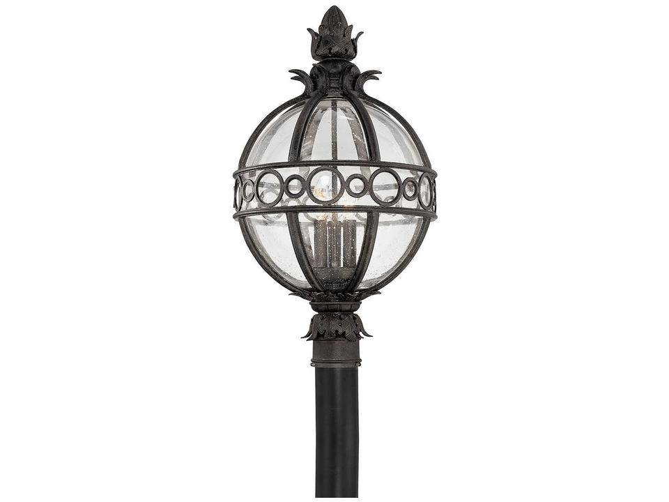 Campanile 3-Light Outdoor Post Lantern in French Iron and Seeded Glass
