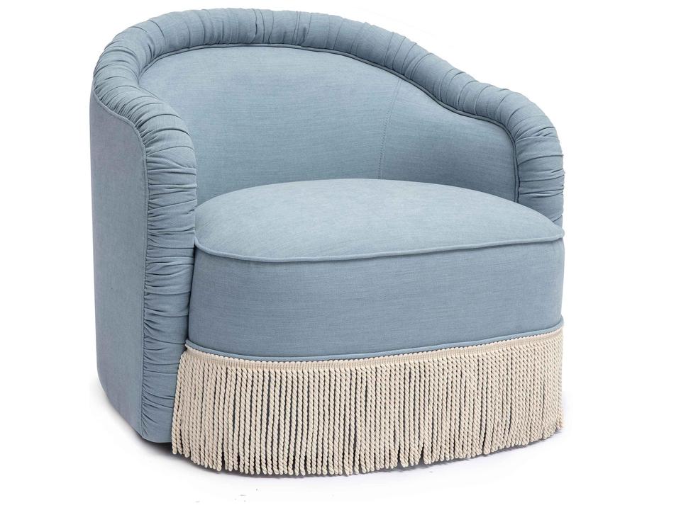 Pamela Faded Blue Upcycled Performance Fabric Tasseled Lounge Accent Chair