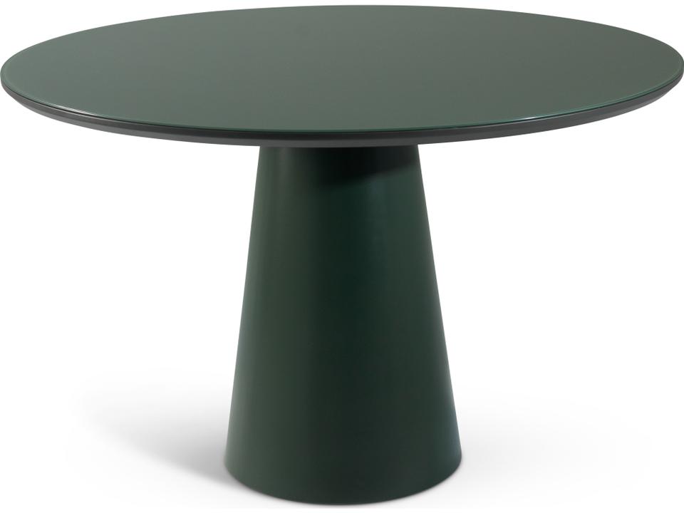 Mona Round Dining Table in Floresta Green Lacquered Glass and Wood Veneer Base