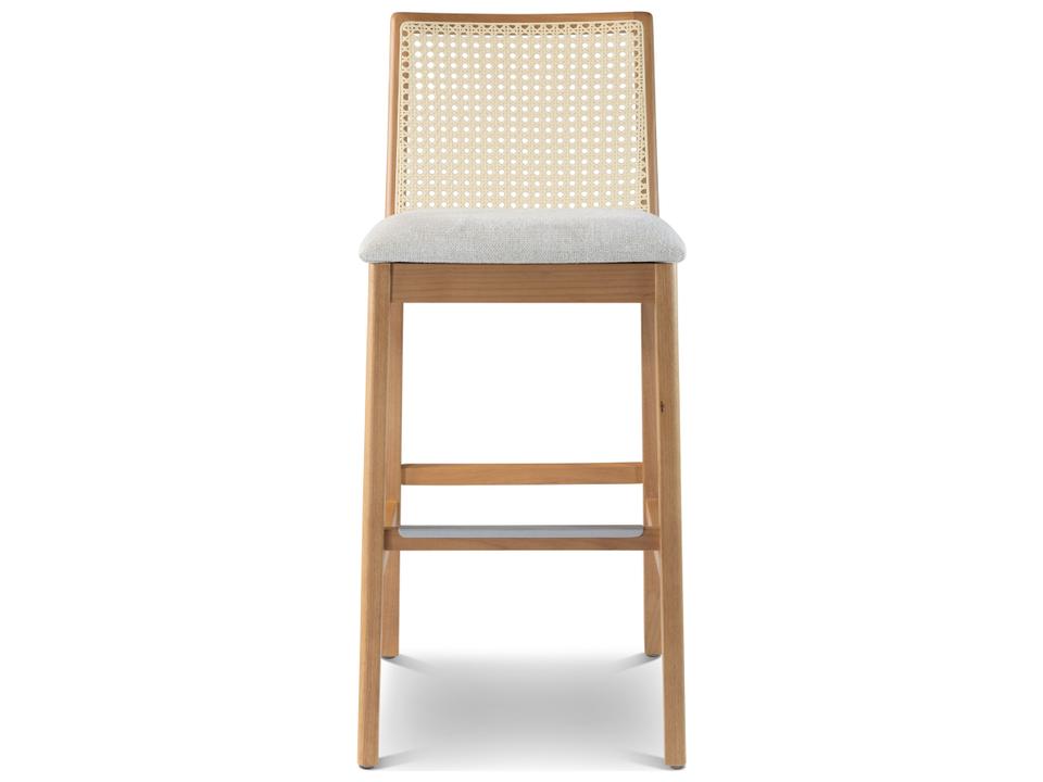 Nardia Cane Bar Stool in Natural Tauari Wood and Woven Fabric