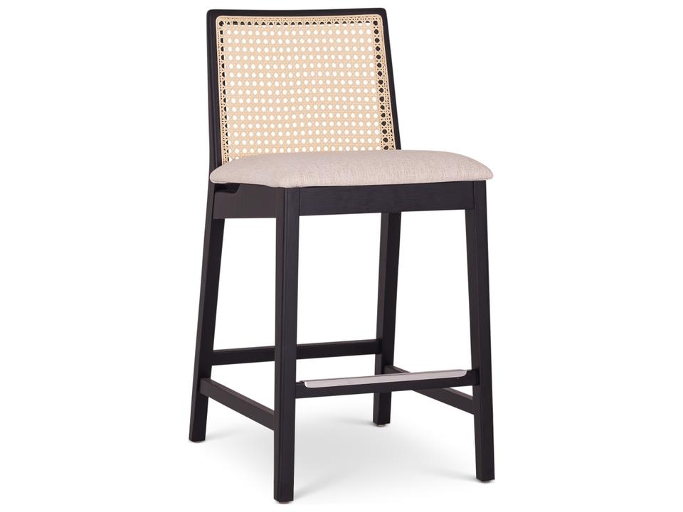 Nardia Cane Counter Stool in Ebano Finish with Dark Grey Woven Fabric Seat
