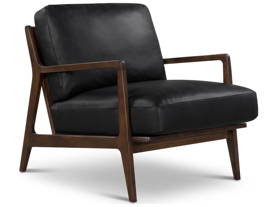 Metro Carmelo Genuine Leather Accent Chair with Walnut Frame and Black Cushions