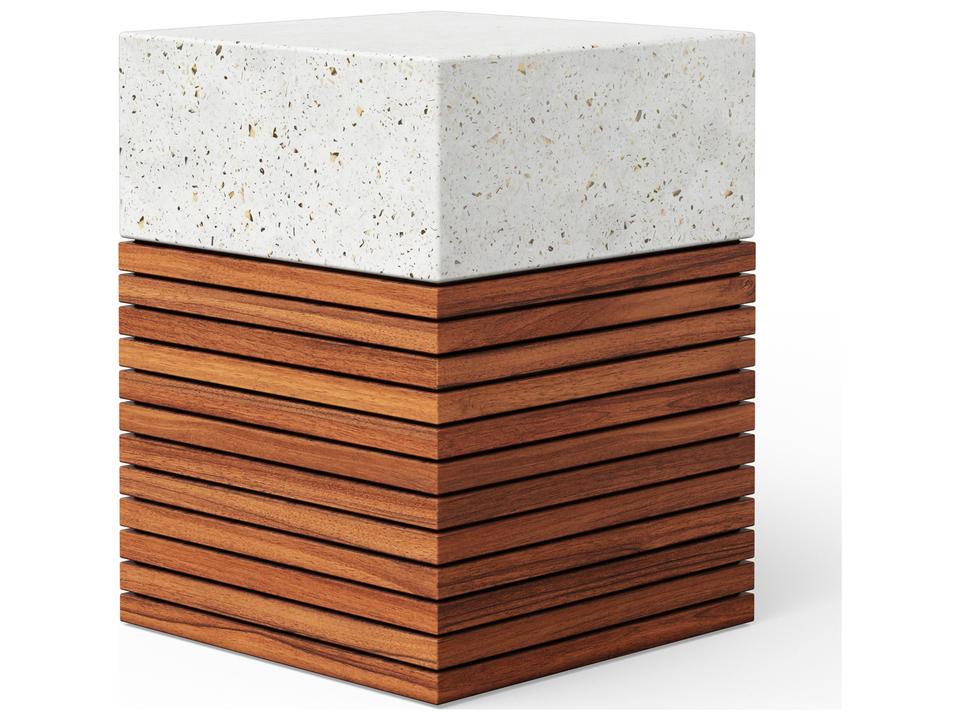 Mixx Stecca Alto Concrete and Teak Accent Stool in Ivory Terrazzo