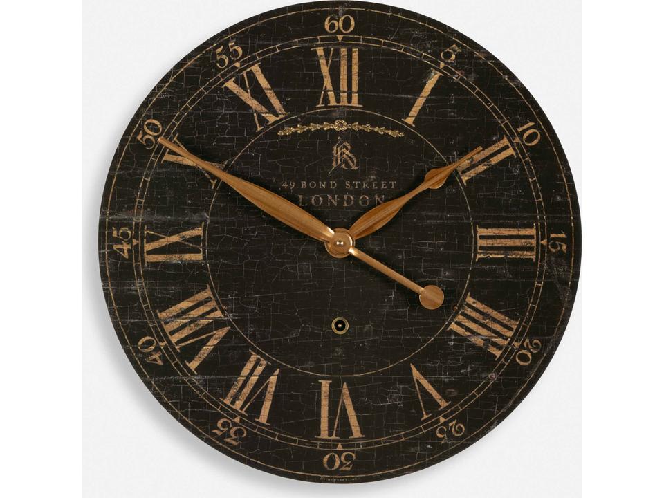 Bond Street Wall Clock Antiqued Brass with Laminated Black Face