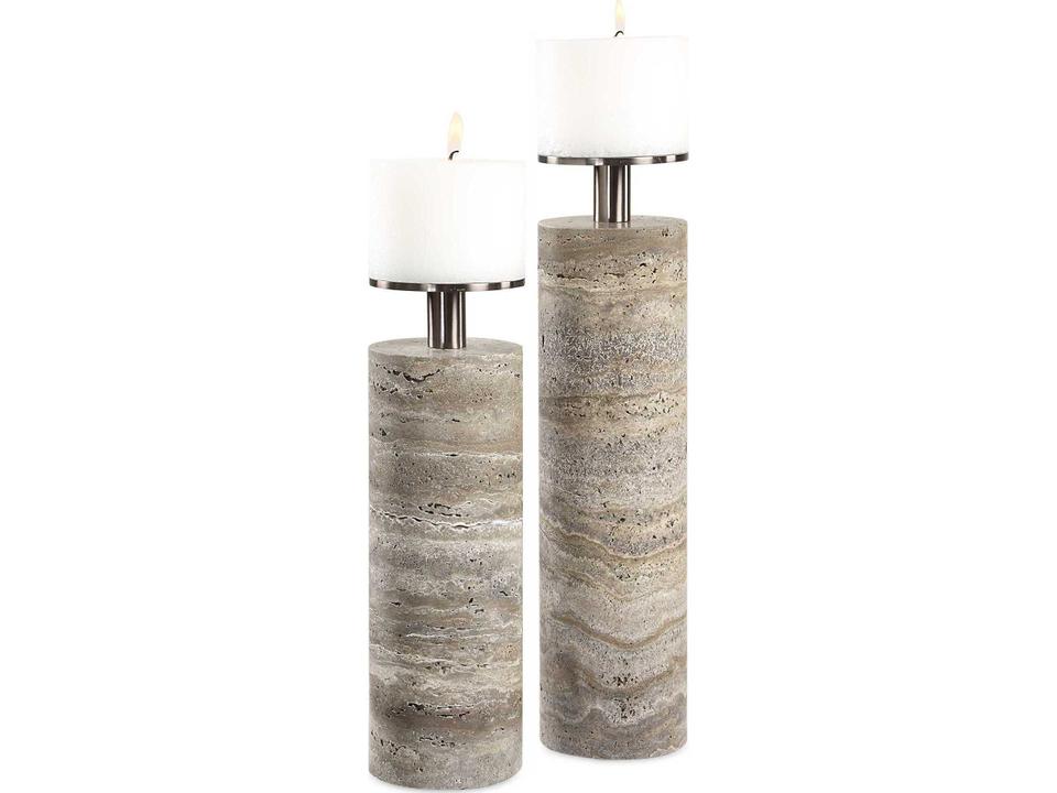 Shadowstone Set of 2 Candleholders in Gray Travertine and Dark Bronze