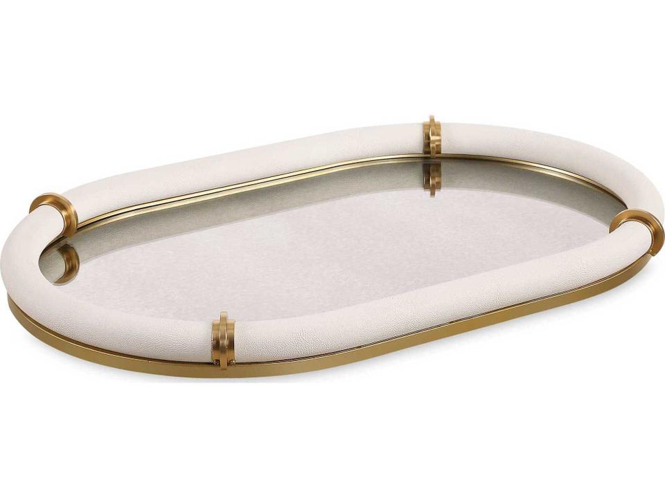 Cyprus White Faux Shagreen Oval Tray with Brass Bands