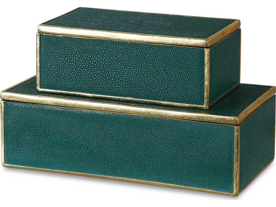 Karis Set of 2 Decorative Boxes with Emerald Green and Bright Gold Leaf Trim