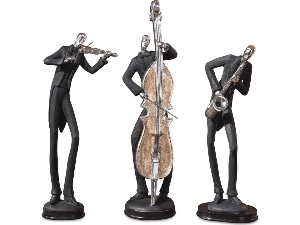 Musicians Decorative Figurines Set of 3 in Slate Gray and Silver