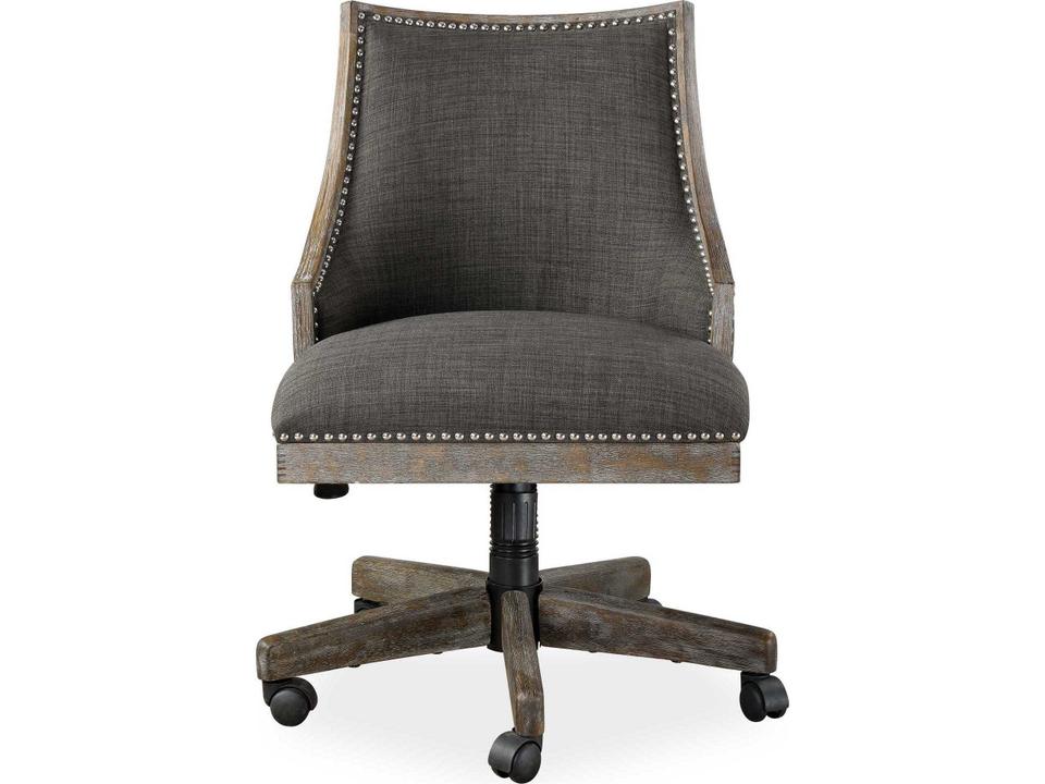 Aidrian Desk Chair with Curved Back Charcoal Gray Linen and Nailhead Trim