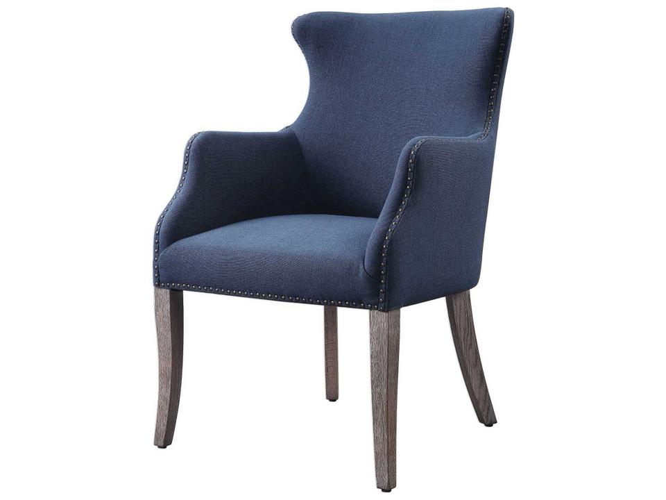 Yareena Oak Wood Blue Upholstered Arm Dining Chair