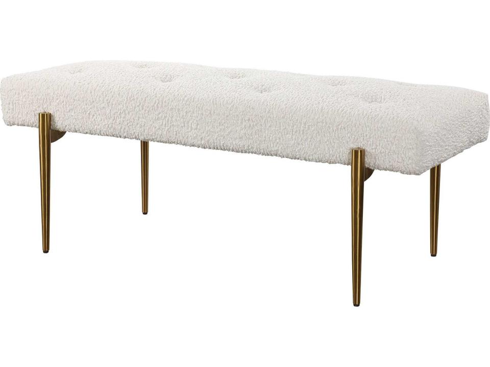 Olivier 49-Inch Faux Shearling Accent Bench in White with Antique Brushed Brass