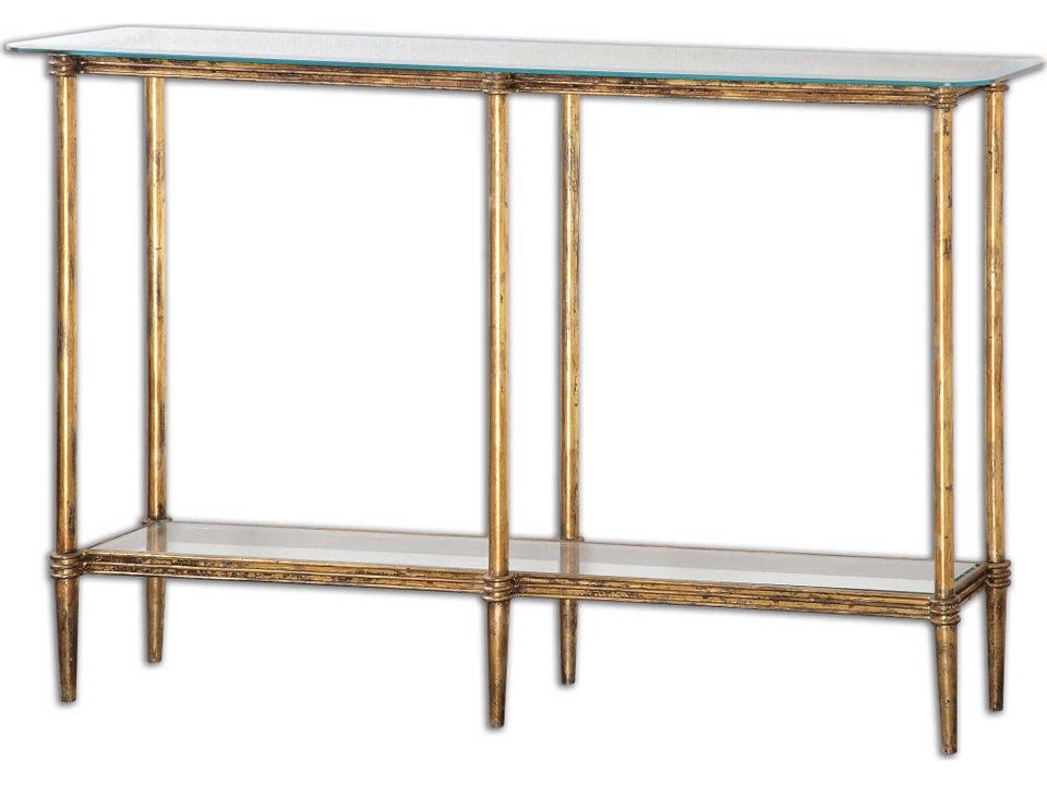 Elenio Gold Leaf Metal Console Table with Tempered Glass Top