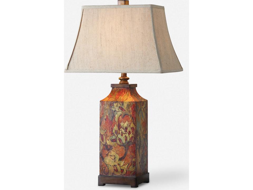 Colorful Flowers Table Lamp with Colorful Flower Print and Ivory Linen Shade