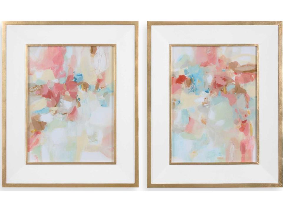 A Touch Of Blush And Rosewood Fences Abstract Wall Art Set of 2 with Gold Leaf Frame