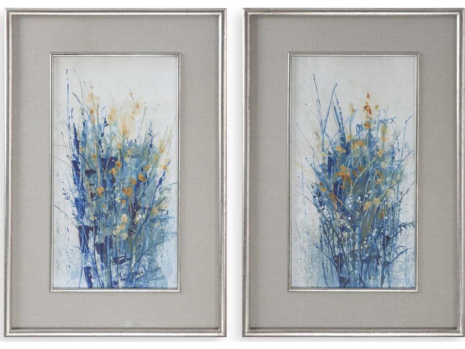 Indigo Florals Framed Wall Art Set of 2 with Distressed Silver Frames