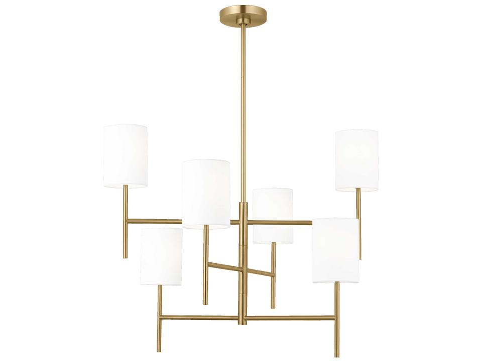 6-Light Key Chandelier in Burnished Brass with White Linen Shades