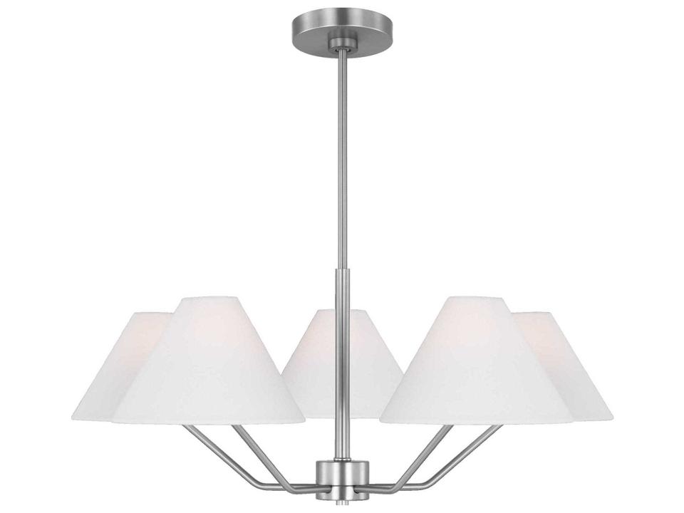 5-Light Burke Chandelier in Brushed Steel with White Linen Shade