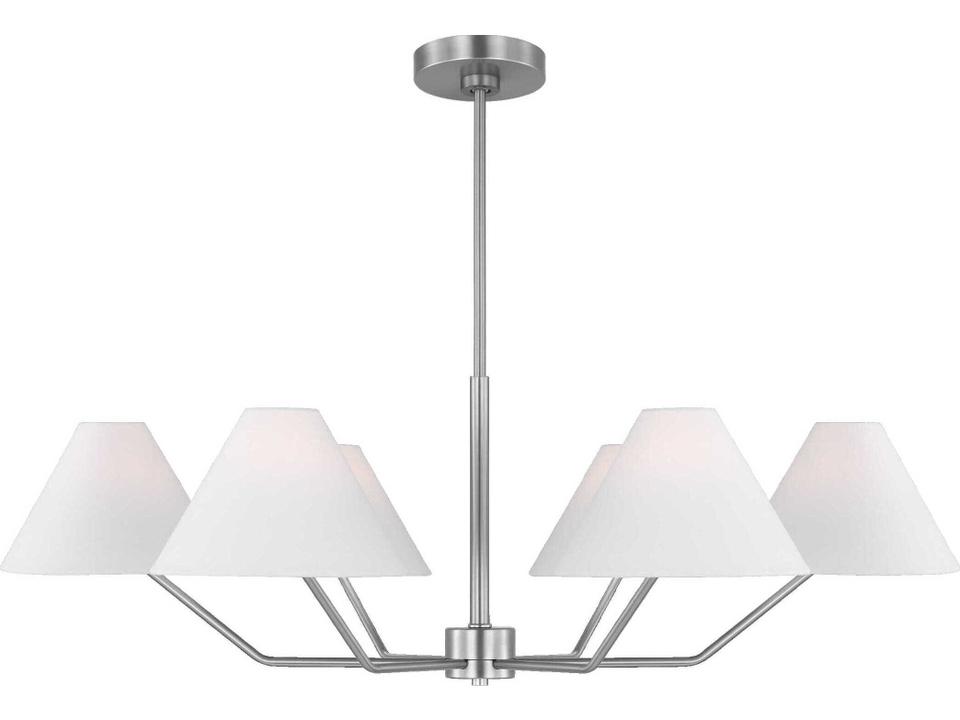 Burke 6-Light Large Chandelier in Brushed Steel with White Linen Shades