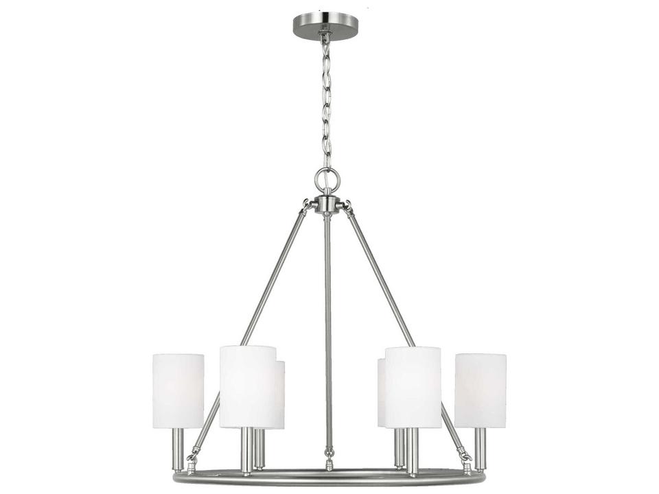 6-Light Egmont Chandelier in Brushed Steel with White Linen Shades