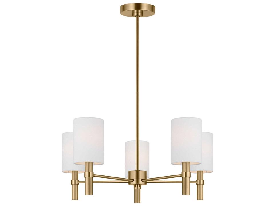 Manor 5-Light Chandelier in Satin Brass with White Linen Shades