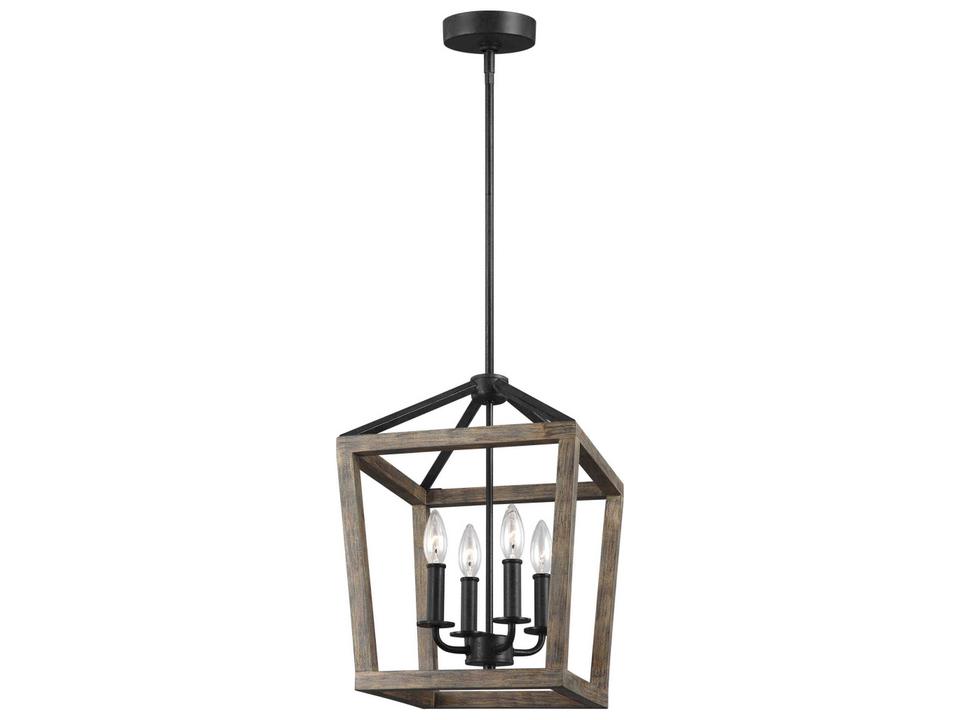 4-Light Gannet Chandelier in Weathered Oak Wood and Antique Forged Iron