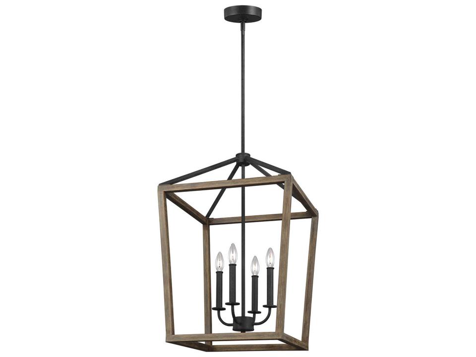 Gannet 4-Light Chandelier in Weathered Oak Wood and Antique Forged Iron