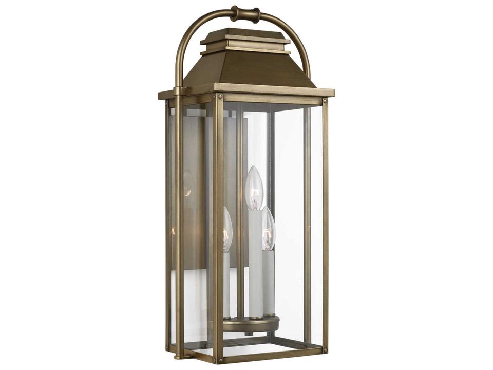 Wellsworth 3-Light Outdoor Wall Lantern in Painted Distressed Brass