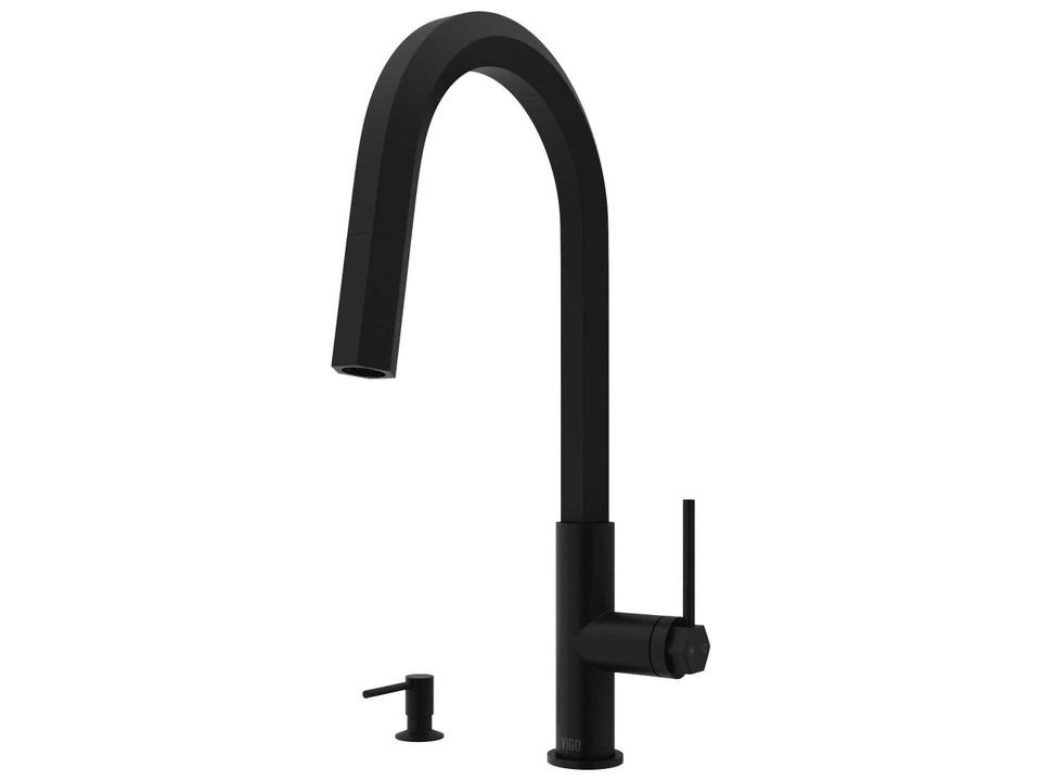 Hart Hexad Single Handle Pull-Down Kitchen Faucet in Brass with Soap Dispenser