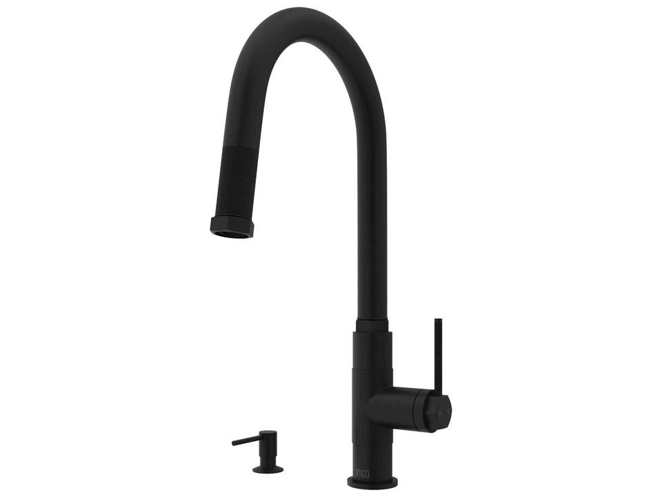 Hart Arched Single Handle Pull-Down Kitchen Faucet in Brass with Soap Dispenser