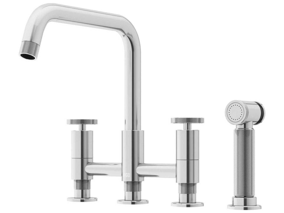 Cass Two-Handle Widespread Bridge Kitchen Faucet in Solid Brass with Side Sprayer