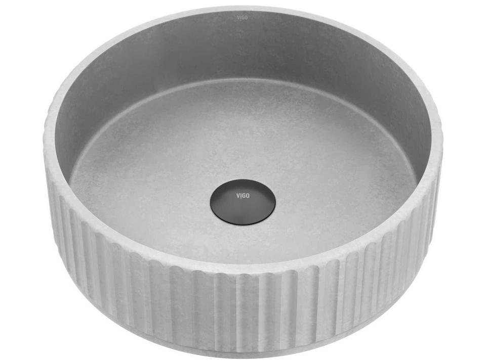 Windsor 16-Inch Round Concreto Stone Vessel Bathroom Sink in Ash Gray with Fluted Exterior